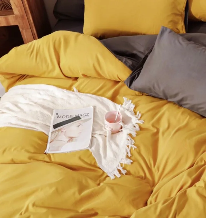 1000TC | Reversible | King Size | Yellow & Grey | Duvet Quilt Cover Set
