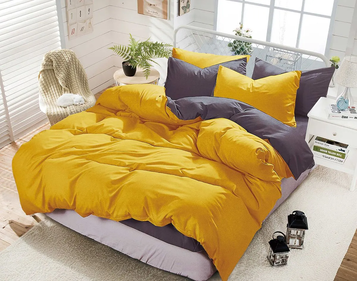 1000TC | Reversible | King Size | Yellow & Grey | Duvet Quilt Cover Set