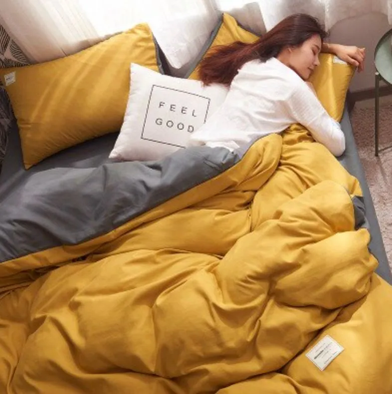 1000TC | Reversible | Queen Size | Yellow & Grey | Duvet Quilt Cover Set