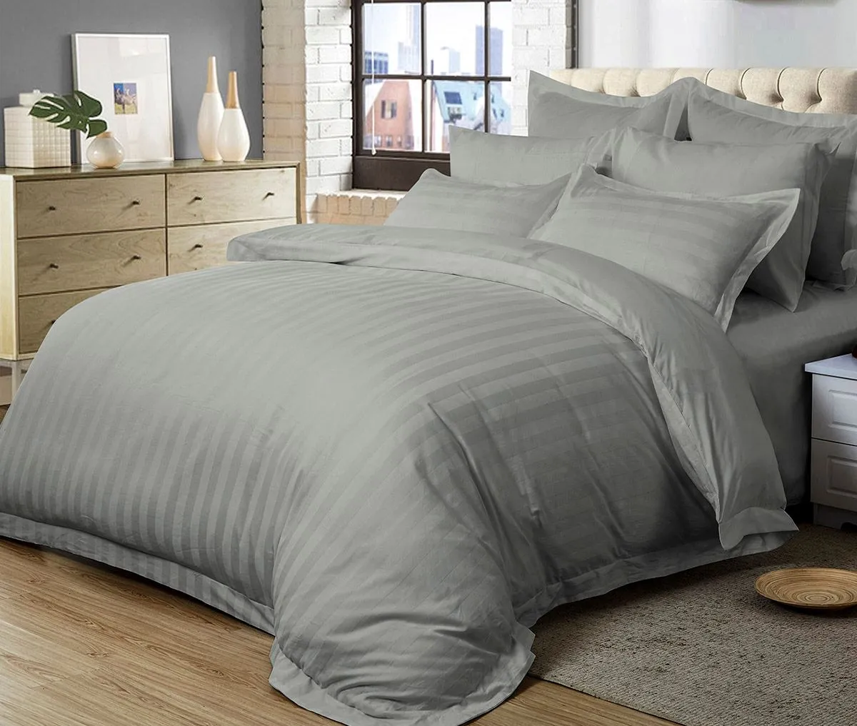 1000TC | Ultra Soft | Striped | Super King Size | Grey | Duvet Quilt Cover Set