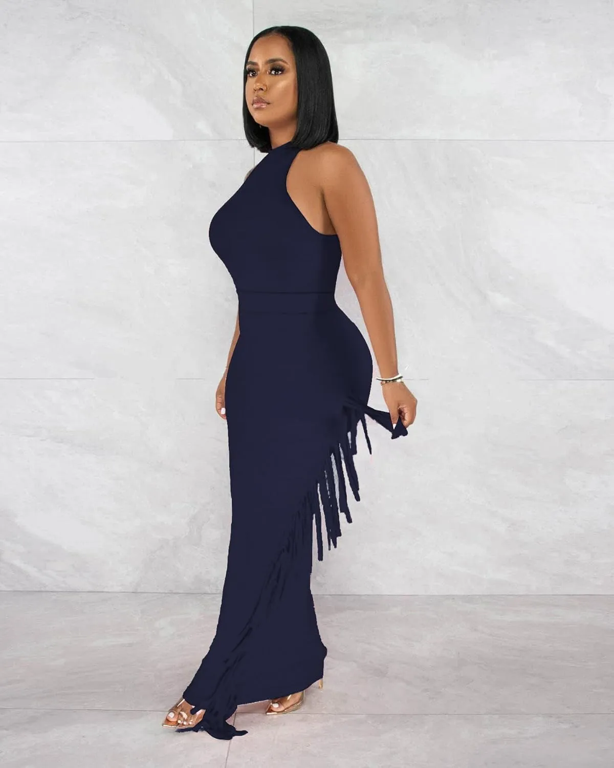 2 Piece Outfits for Women Sexy Halter Neck Sleeveless Crop Tops Ruched Bodycon Dresses Jumpsuits Fringe Skirt Sets