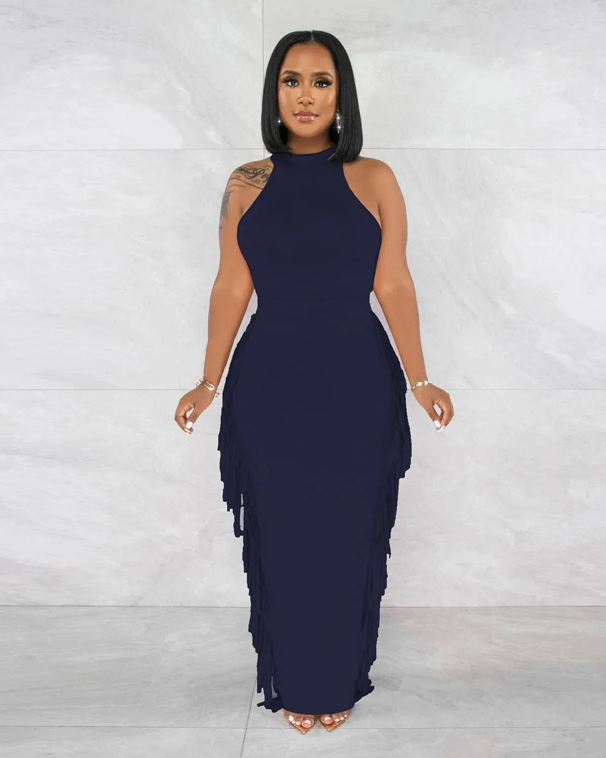 2 Piece Outfits for Women Sexy Halter Neck Sleeveless Crop Tops Ruched Bodycon Dresses Jumpsuits Fringe Skirt Sets