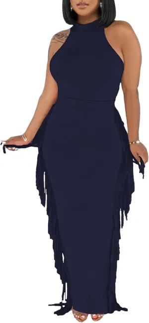 2 Piece Outfits for Women Sexy Halter Neck Sleeveless Crop Tops Ruched Bodycon Dresses Jumpsuits Fringe Skirt Sets