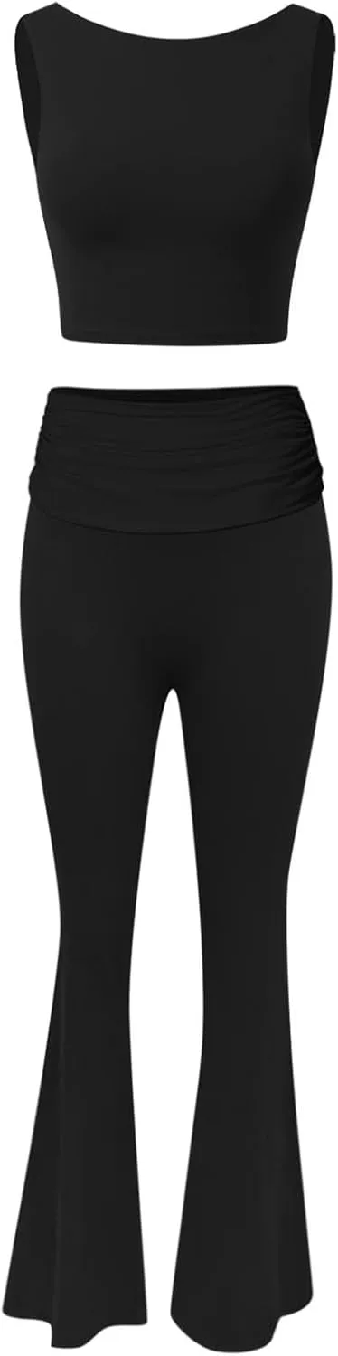 2 Piece Sets for Women Lounge Loungewear Sets Foldover Yoga Flare Leggings Pants and Cropped Tops Casual Y2K Outfits