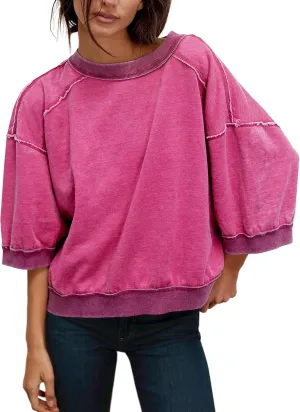 3/4 Sleeve Sweatshirts for Women Vintage Oversized Crewneck Fleece Sweatshirt Loose Casual Summer Fall Pullover Tops