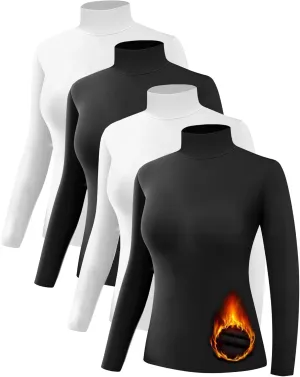 4 Pack Womens Thermal Turtleneck Shirts, Women Turtle Neck Fleece Lined Compression Long Sleeve Base Layer Tops