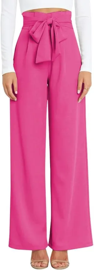 ABAFIP Women's High Waist Wide Leg Pants Business Work Office Casual Flared Palazzo Long Pants Belted Trousers
