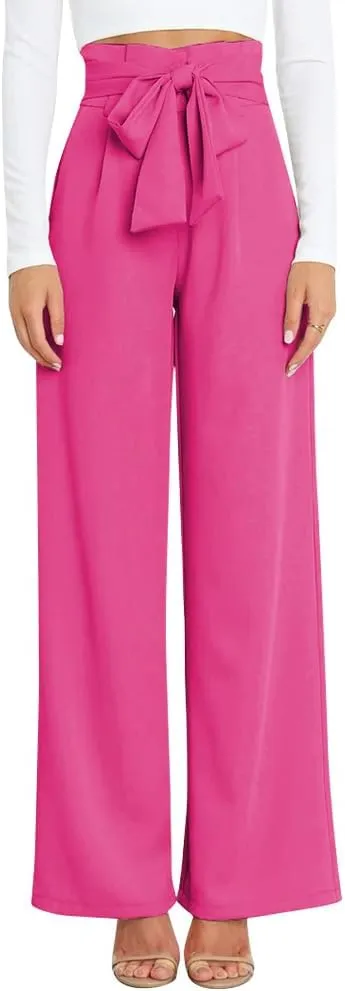 ABAFIP Women's High Waist Wide Leg Pants Business Work Office Casual Flared Palazzo Long Pants Belted Trousers