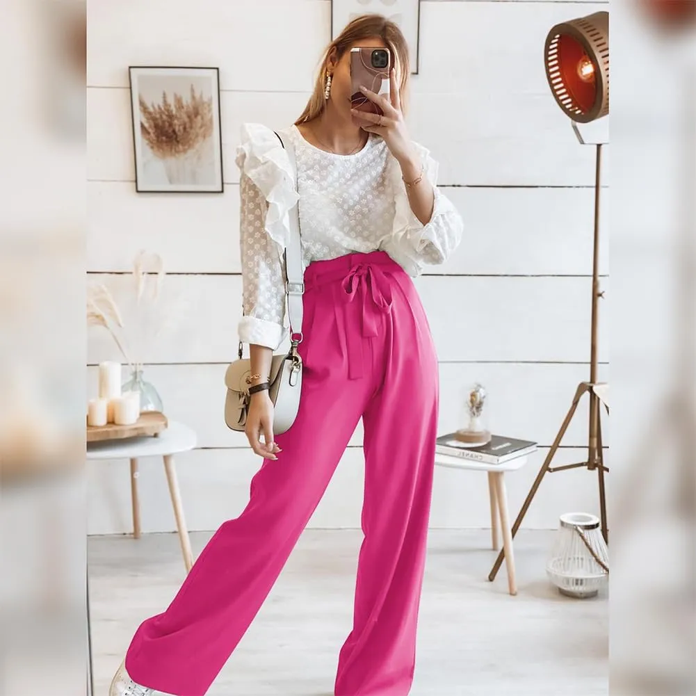 ABAFIP Women's High Waist Wide Leg Pants Business Work Office Casual Flared Palazzo Long Pants Belted Trousers