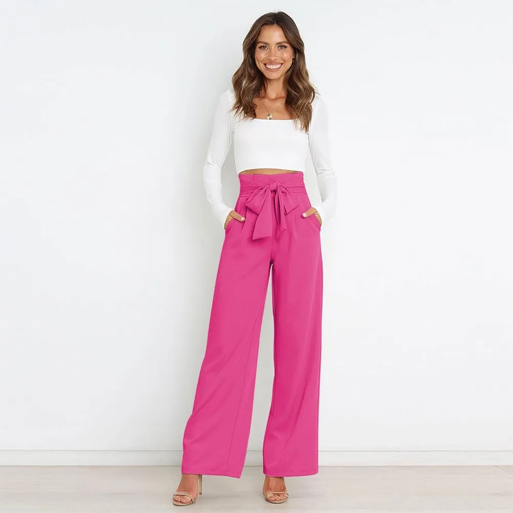 ABAFIP Women's High Waist Wide Leg Pants Business Work Office Casual Flared Palazzo Long Pants Belted Trousers