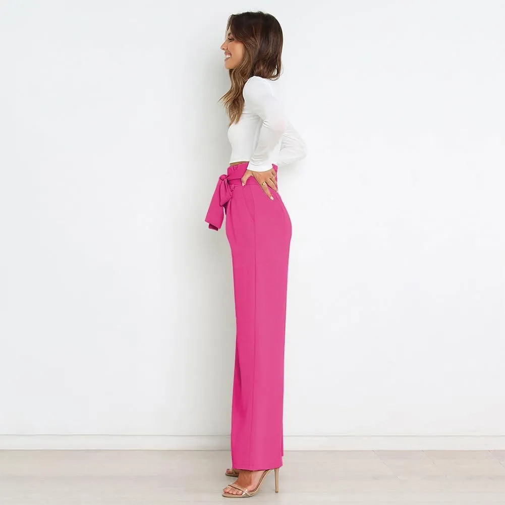 ABAFIP Women's High Waist Wide Leg Pants Business Work Office Casual Flared Palazzo Long Pants Belted Trousers