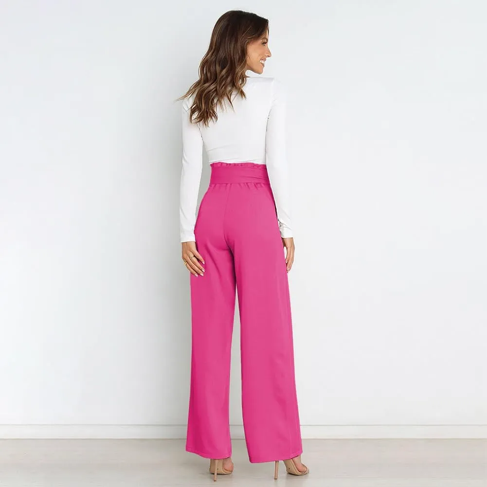 ABAFIP Women's High Waist Wide Leg Pants Business Work Office Casual Flared Palazzo Long Pants Belted Trousers