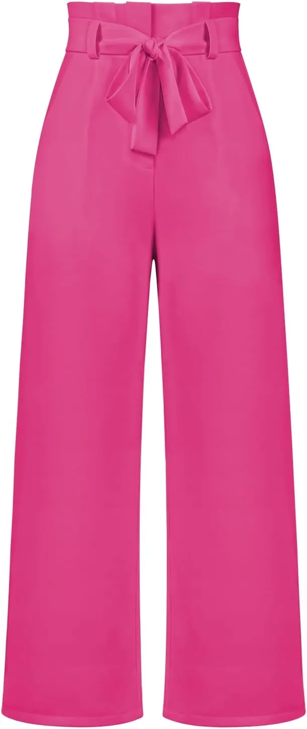 ABAFIP Women's High Waist Wide Leg Pants Business Work Office Casual Flared Palazzo Long Pants Belted Trousers