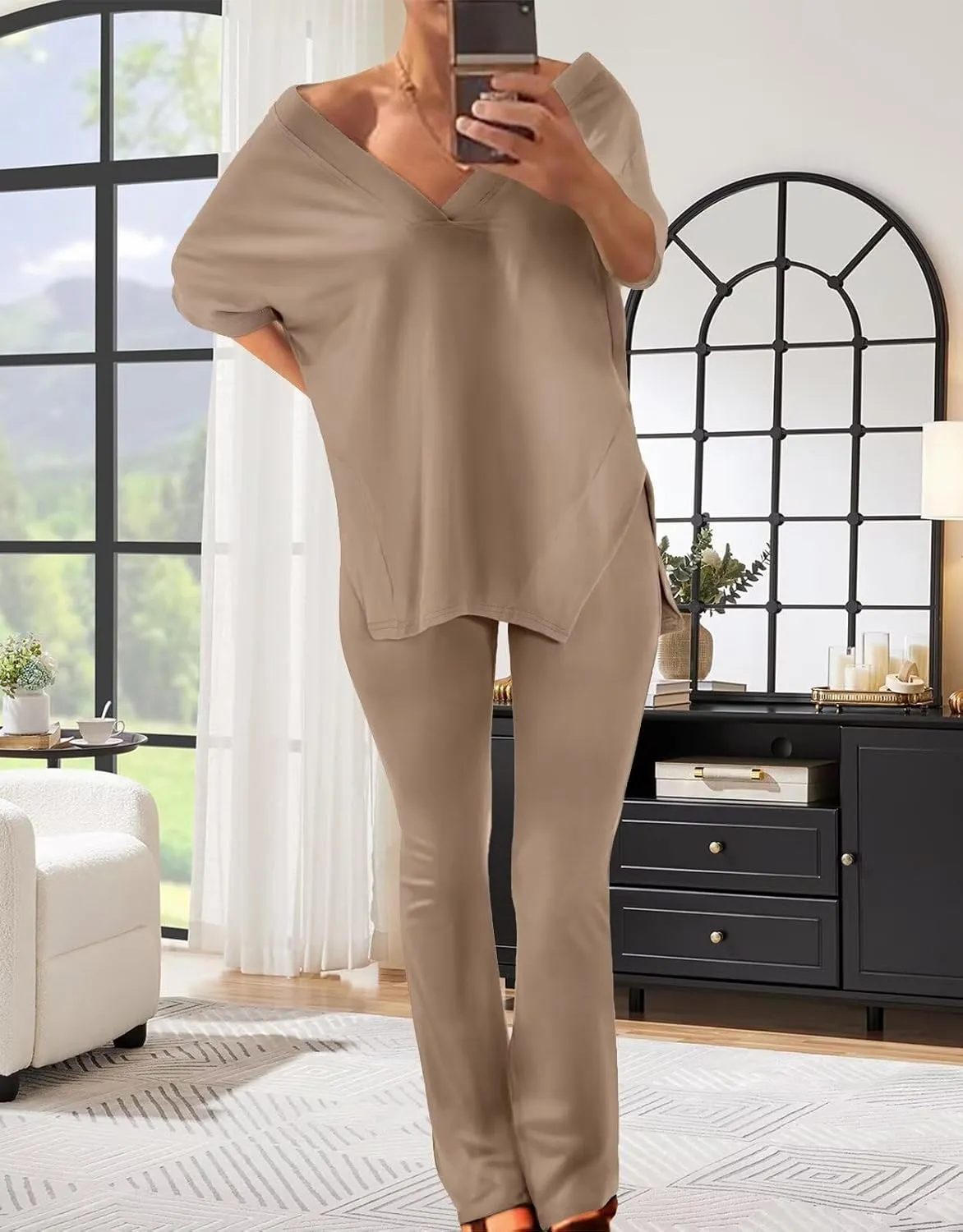 acelyn Women's 2 Piece Outfits Summer V Neck Oversized Split Tops Flare Legging Pants Casual Tracksuit Lounge Sets Sweatsuits