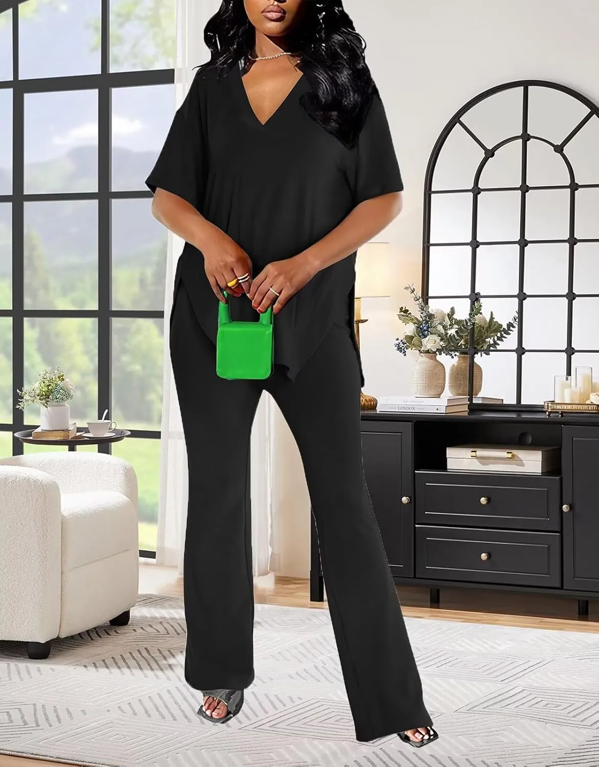 acelyn Women's 2 Piece Outfits Summer V Neck Oversized Split Tops Flare Legging Pants Casual Tracksuit Lounge Sets Sweatsuits