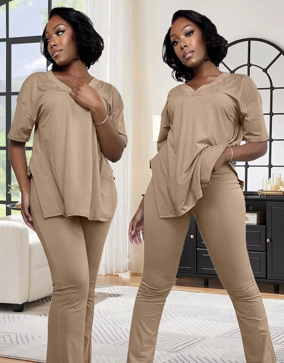 acelyn Women's 2 Piece Outfits Summer V Neck Oversized Split Tops Flare Legging Pants Casual Tracksuit Lounge Sets Sweatsuits