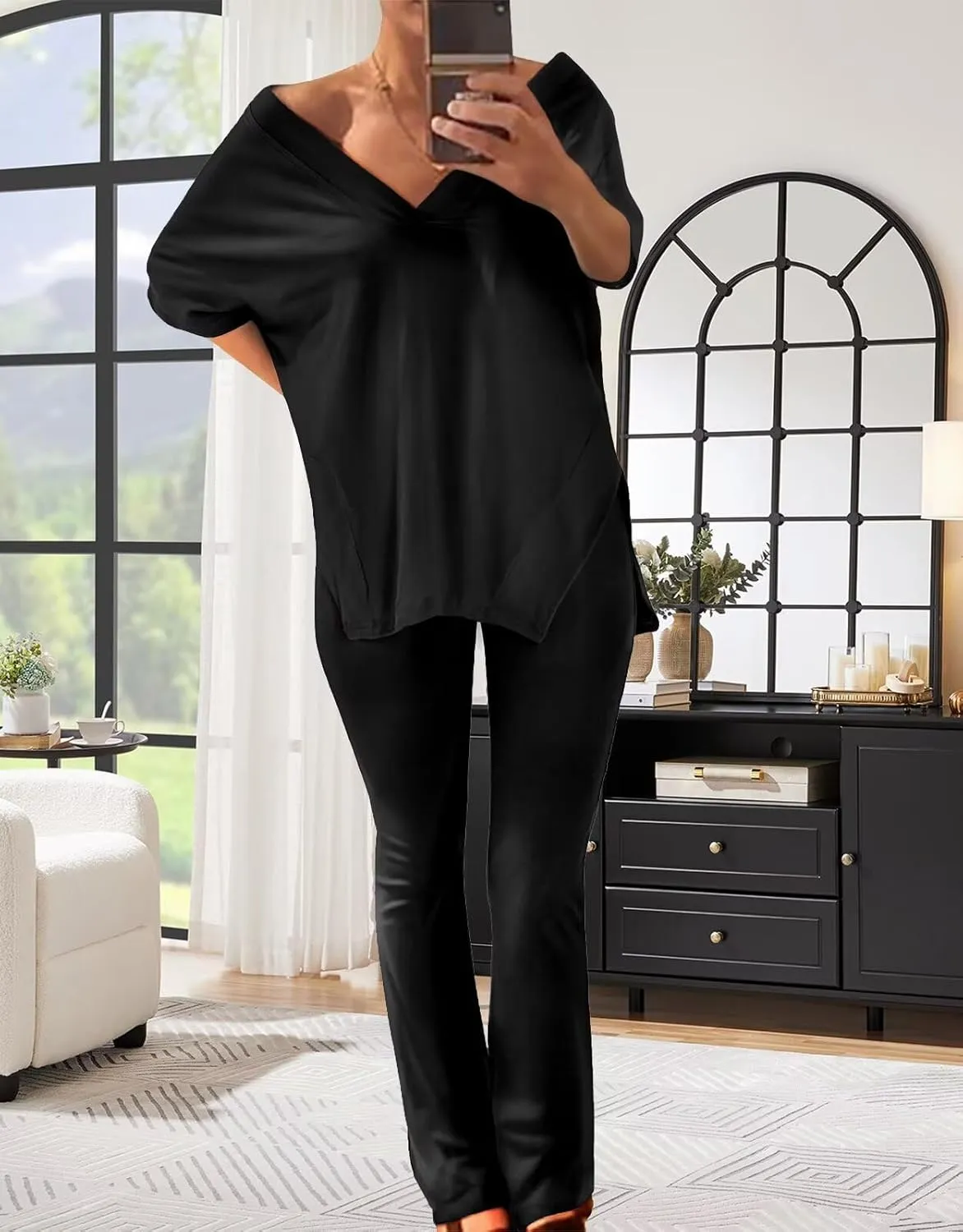 acelyn Women's 2 Piece Outfits Summer V Neck Oversized Split Tops Flare Legging Pants Casual Tracksuit Lounge Sets Sweatsuits