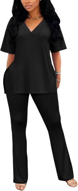 acelyn Women's 2 Piece Outfits Summer V Neck Oversized Split Tops Flare Legging Pants Casual Tracksuit Lounge Sets Sweatsuits