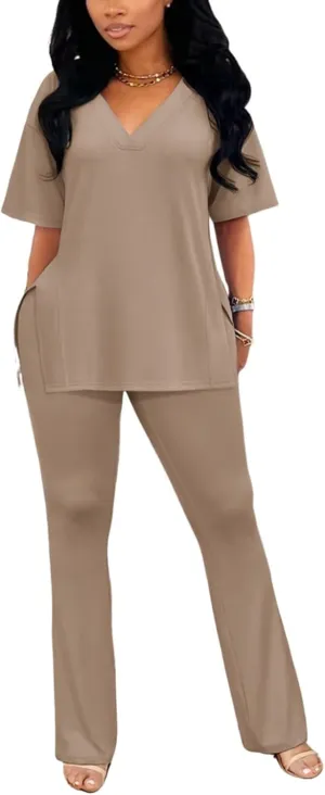 acelyn Women's 2 Piece Outfits Summer V Neck Oversized Split Tops Flare Legging Pants Casual Tracksuit Lounge Sets Sweatsuits