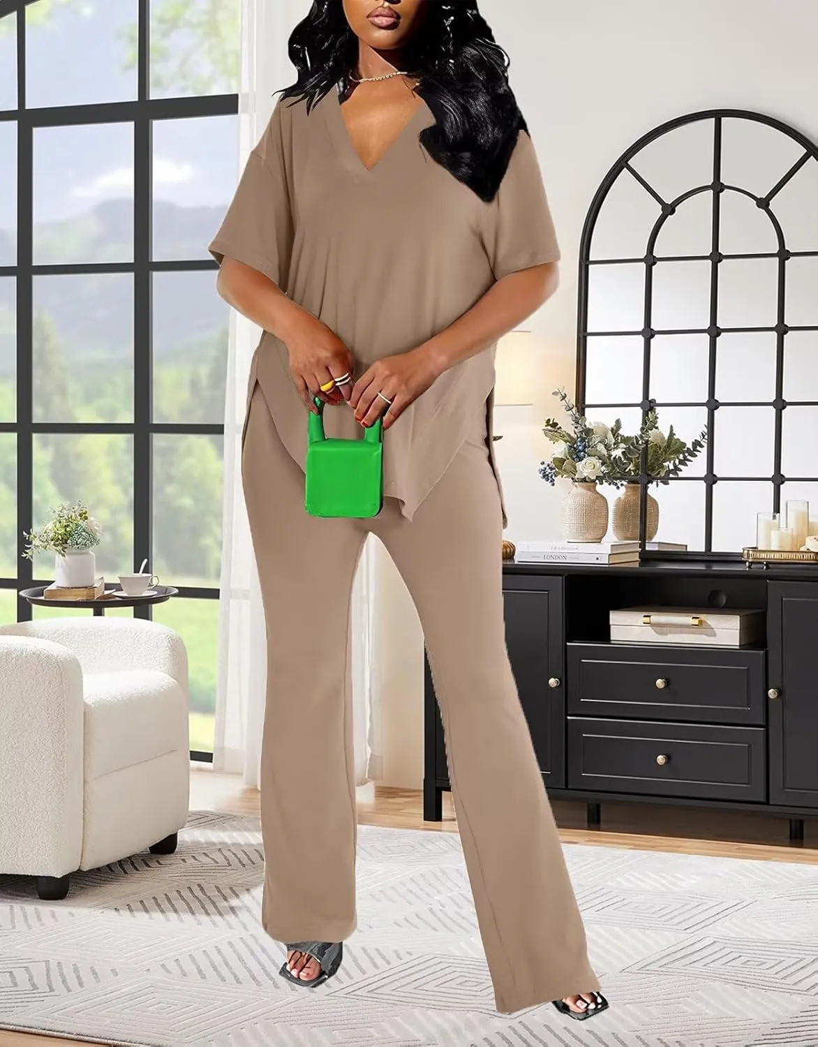 acelyn Women's 2 Piece Outfits Summer V Neck Oversized Split Tops Flare Legging Pants Casual Tracksuit Lounge Sets Sweatsuits