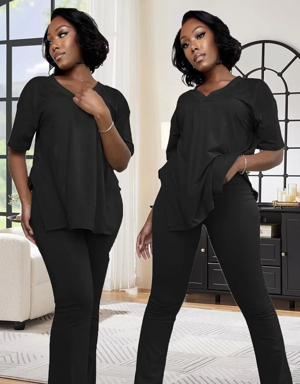 acelyn Women's 2 Piece Outfits Summer V Neck Oversized Split Tops Flare Legging Pants Casual Tracksuit Lounge Sets Sweatsuits