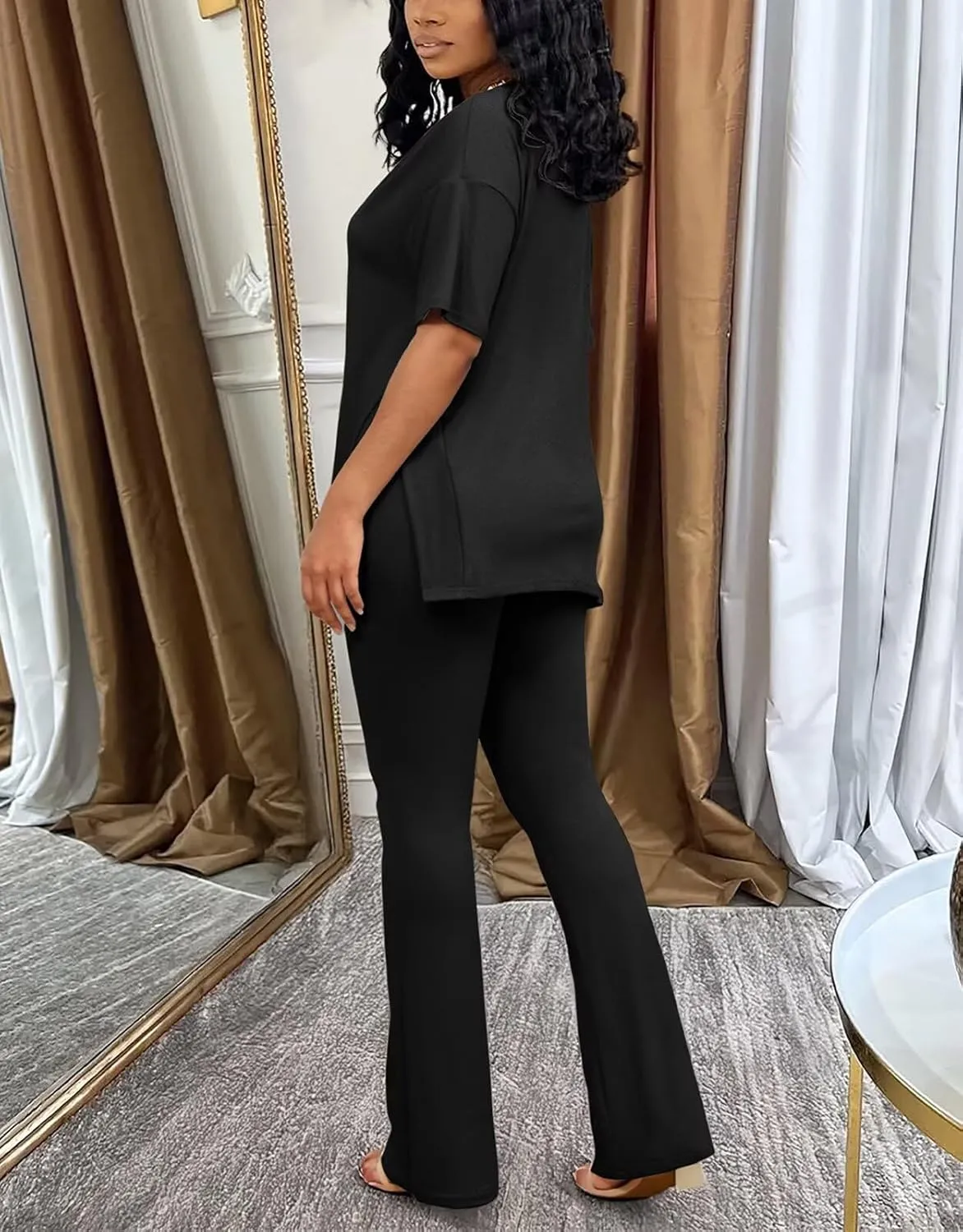 acelyn Women's 2 Piece Outfits Summer V Neck Oversized Split Tops Flare Legging Pants Casual Tracksuit Lounge Sets Sweatsuits