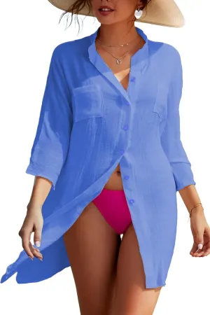 Adisputent Womens Swimsuit Cover up Shirts Long Sleeve Button Down Bikini Beachwear Dress Loose Bathing Suit Cover Ups