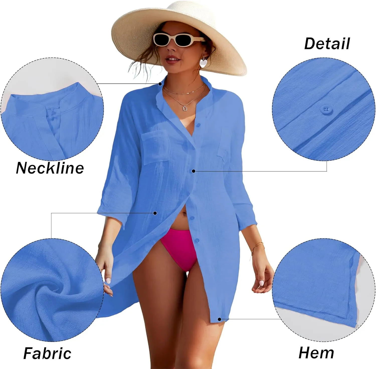 Adisputent Womens Swimsuit Cover up Shirts Long Sleeve Button Down Bikini Beachwear Dress Loose Bathing Suit Cover Ups