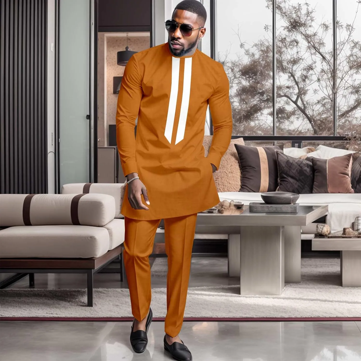 African Men's Formal Clothes Dashiki Shirt and Pant Two Piece Suit Traditional Long Sleeve Outfits