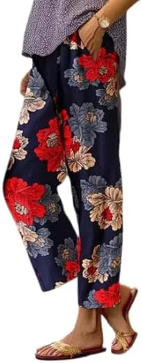 Akivide Women Casual Floral Print Linen Pant Summer Boho High Waist Straight Wide Leg Beach Lounge Capri Trouser with Pocket