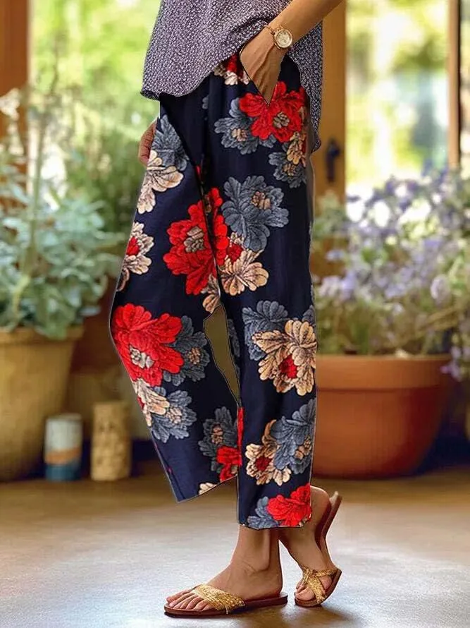 Akivide Women Casual Floral Print Linen Pant Summer Boho High Waist Straight Wide Leg Beach Lounge Capri Trouser with Pocket