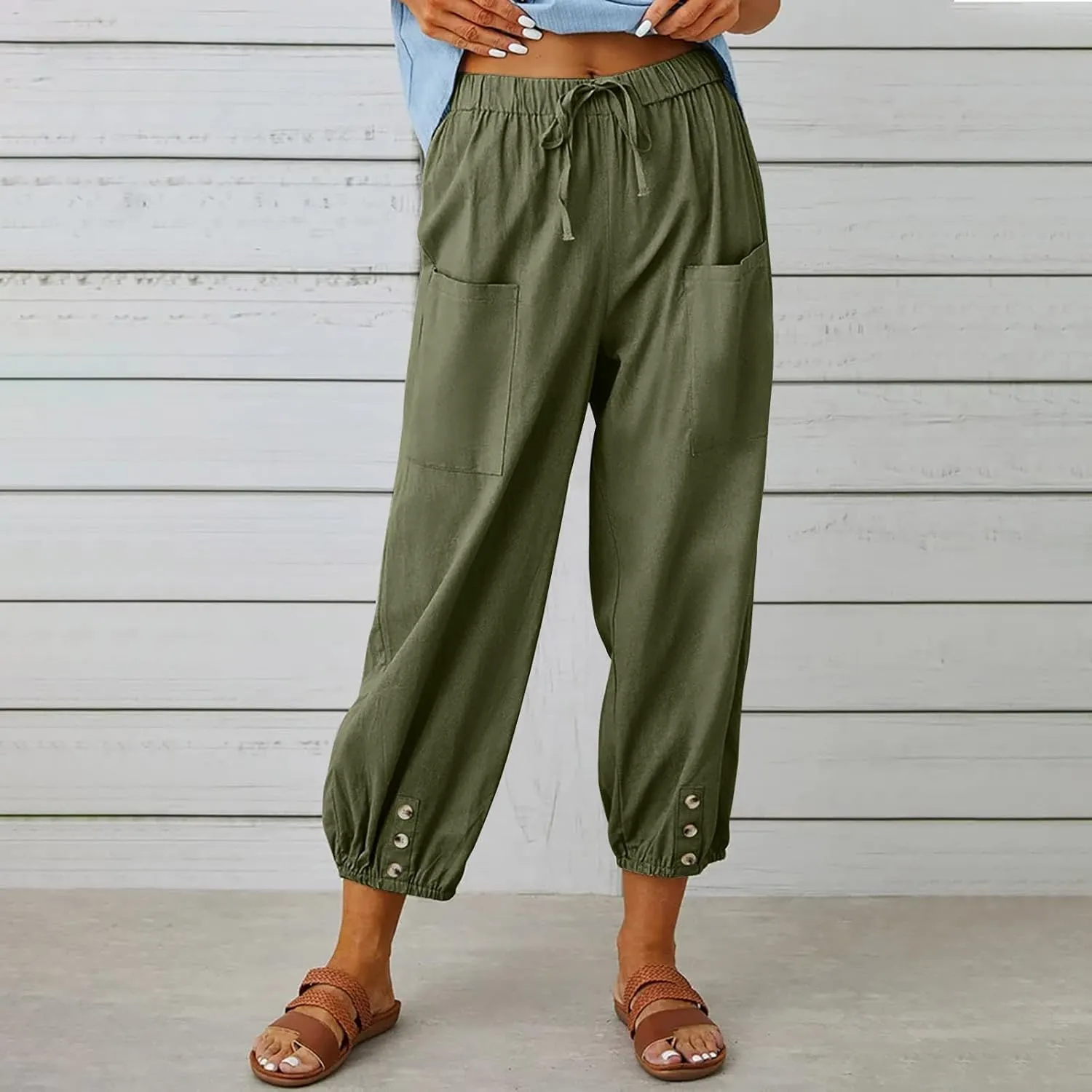 Akivide Women's High Waist Drawstring Cotton Linen Pants with 2 Pockets Straight Wide Leg Capri Cropped Trouser for Women