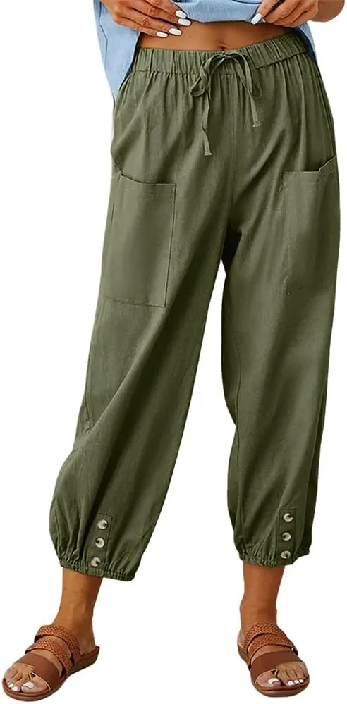 Akivide Women's High Waist Drawstring Cotton Linen Pants with 2 Pockets Straight Wide Leg Capri Cropped Trouser for Women