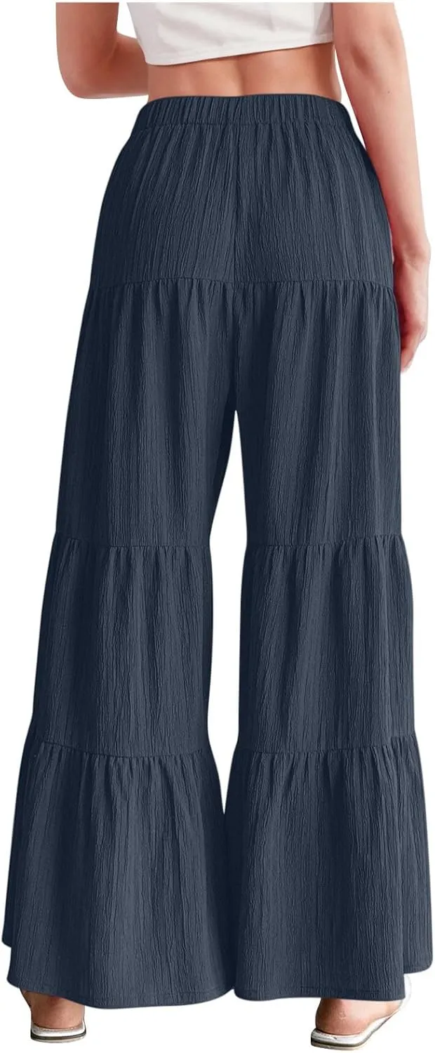 Akklian Flowy Pants for Women Boho Elastic High Waist Ruffle Tiered Wide Leg Beach Palazzo Pants Loose Casual Summer Trousers