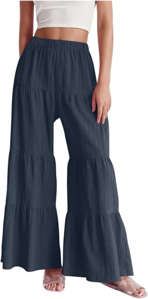 Akklian Flowy Pants for Women Boho Elastic High Waist Ruffle Tiered Wide Leg Beach Palazzo Pants Loose Casual Summer Trousers