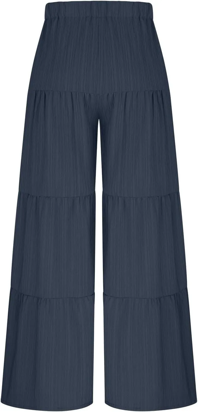 Akklian Flowy Pants for Women Boho Elastic High Waist Ruffle Tiered Wide Leg Beach Palazzo Pants Loose Casual Summer Trousers