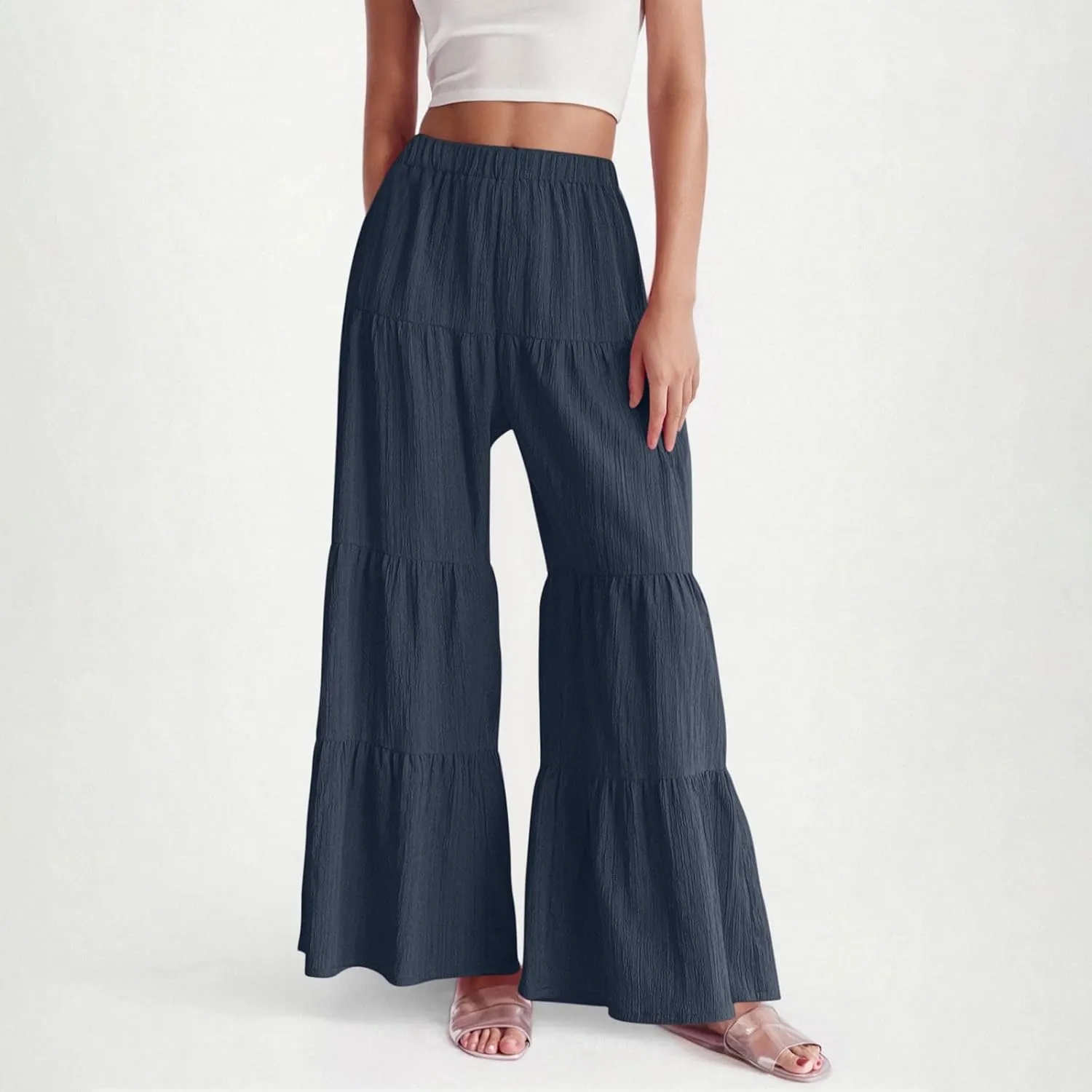 Akklian Flowy Pants for Women Boho Elastic High Waist Ruffle Tiered Wide Leg Beach Palazzo Pants Loose Casual Summer Trousers