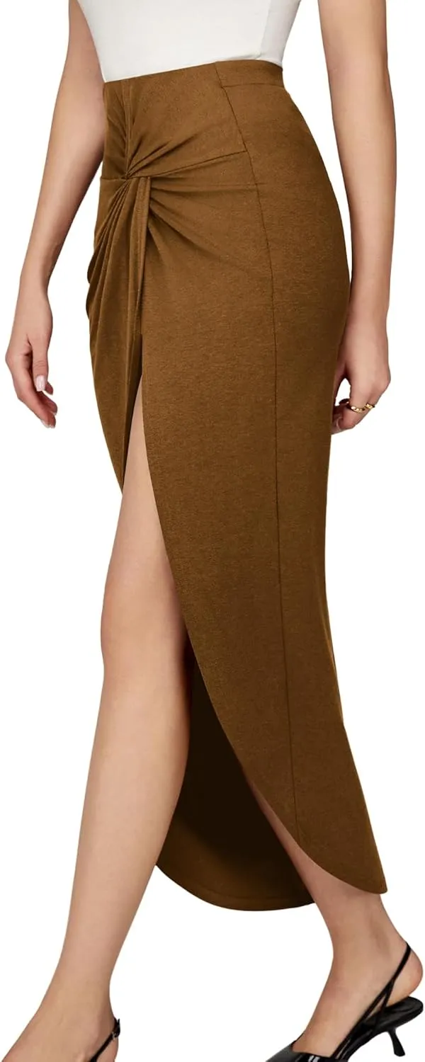 Amoretu Women Summer Midi Skirt with slit Asymmetrical Elastic Ruched Wrap Flowy High Waist Maxi Draped Skirt