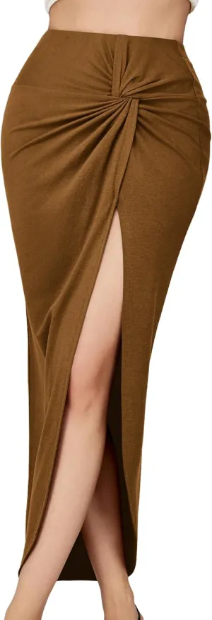 Amoretu Women Summer Midi Skirt with slit Asymmetrical Elastic Ruched Wrap Flowy High Waist Maxi Draped Skirt