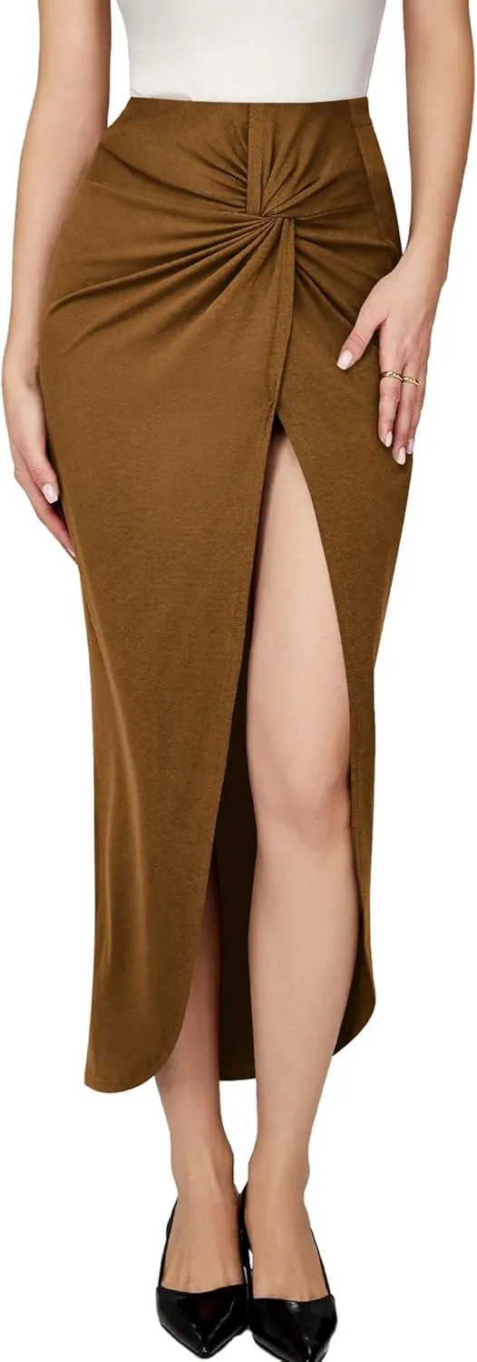 Amoretu Women Summer Midi Skirt with slit Asymmetrical Elastic Ruched Wrap Flowy High Waist Maxi Draped Skirt