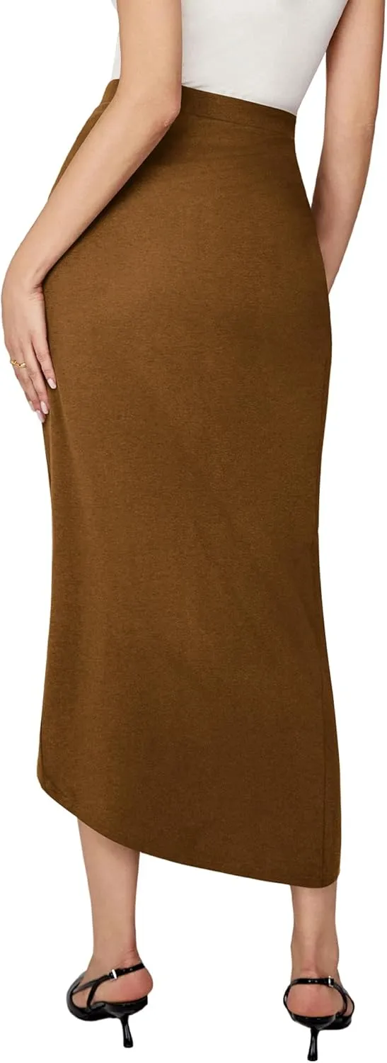 Amoretu Women Summer Midi Skirt with slit Asymmetrical Elastic Ruched Wrap Flowy High Waist Maxi Draped Skirt