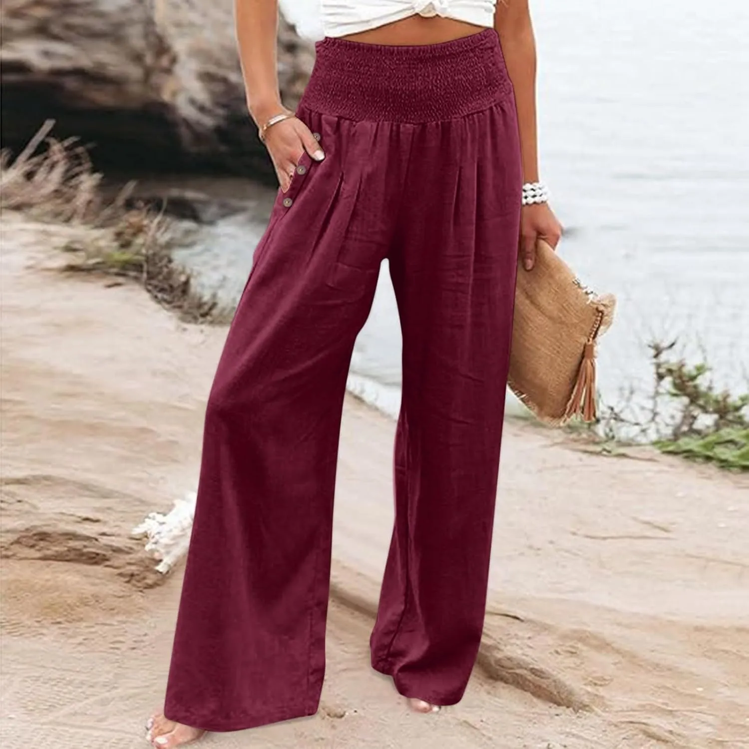 Aniywn Wide Leg Linen Pants for Women Summer Casual Loose Elastic Waist Palazzo Pants Smocked High Waist Flowy Beach Trousers