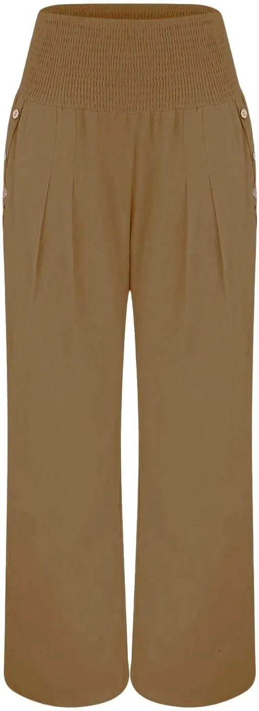 Aniywn Wide Leg Linen Pants for Women Summer Casual Loose Elastic Waist Palazzo Pants Smocked High Waist Flowy Beach Trousers