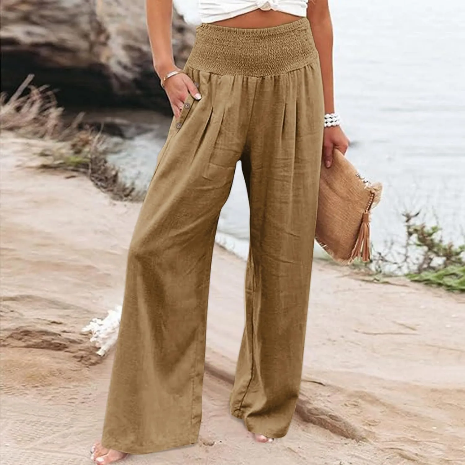 Aniywn Wide Leg Linen Pants for Women Summer Casual Loose Elastic Waist Palazzo Pants Smocked High Waist Flowy Beach Trousers