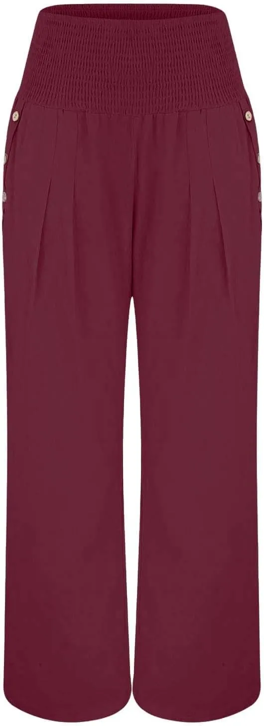 Aniywn Wide Leg Linen Pants for Women Summer Casual Loose Elastic Waist Palazzo Pants Smocked High Waist Flowy Beach Trousers