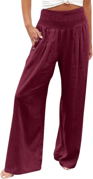 Aniywn Wide Leg Linen Pants for Women Summer Casual Loose Elastic Waist Palazzo Pants Smocked High Waist Flowy Beach Trousers