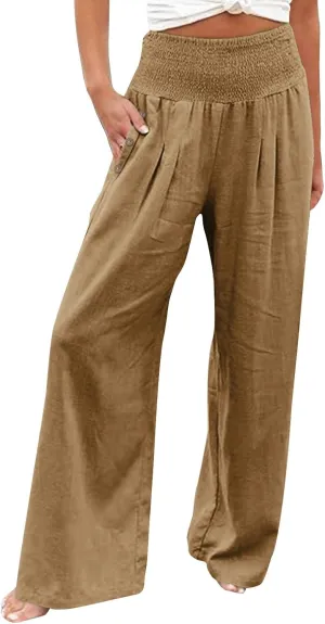 Aniywn Wide Leg Linen Pants for Women Summer Casual Loose Elastic Waist Palazzo Pants Smocked High Waist Flowy Beach Trousers
