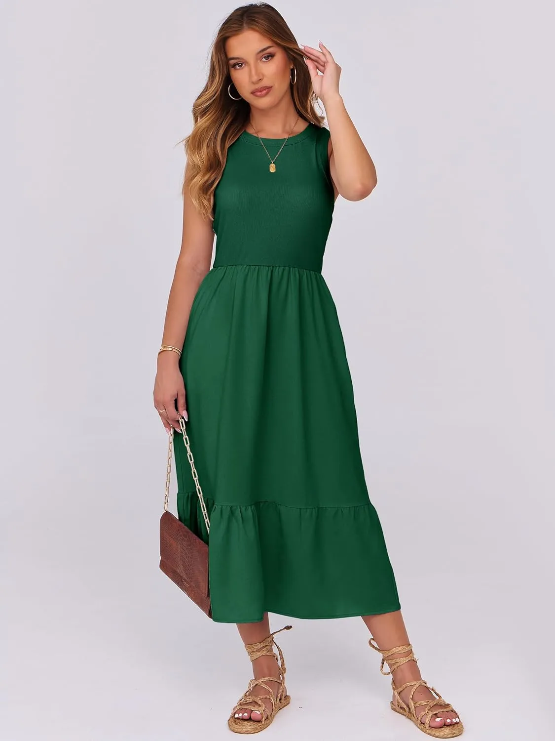 ANRABESS Women Midi Dresses 2025 Summer Casual Sleeveless Sundress High Neck Tank Top Racerback Flowy Beach Dress  Pockets