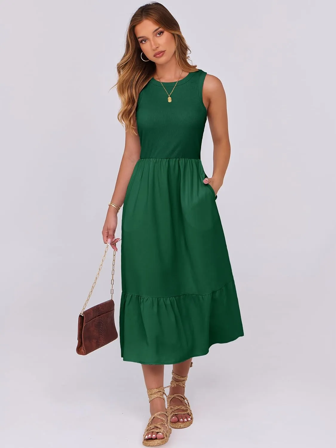 ANRABESS Women Midi Dresses 2025 Summer Casual Sleeveless Sundress High Neck Tank Top Racerback Flowy Beach Dress  Pockets