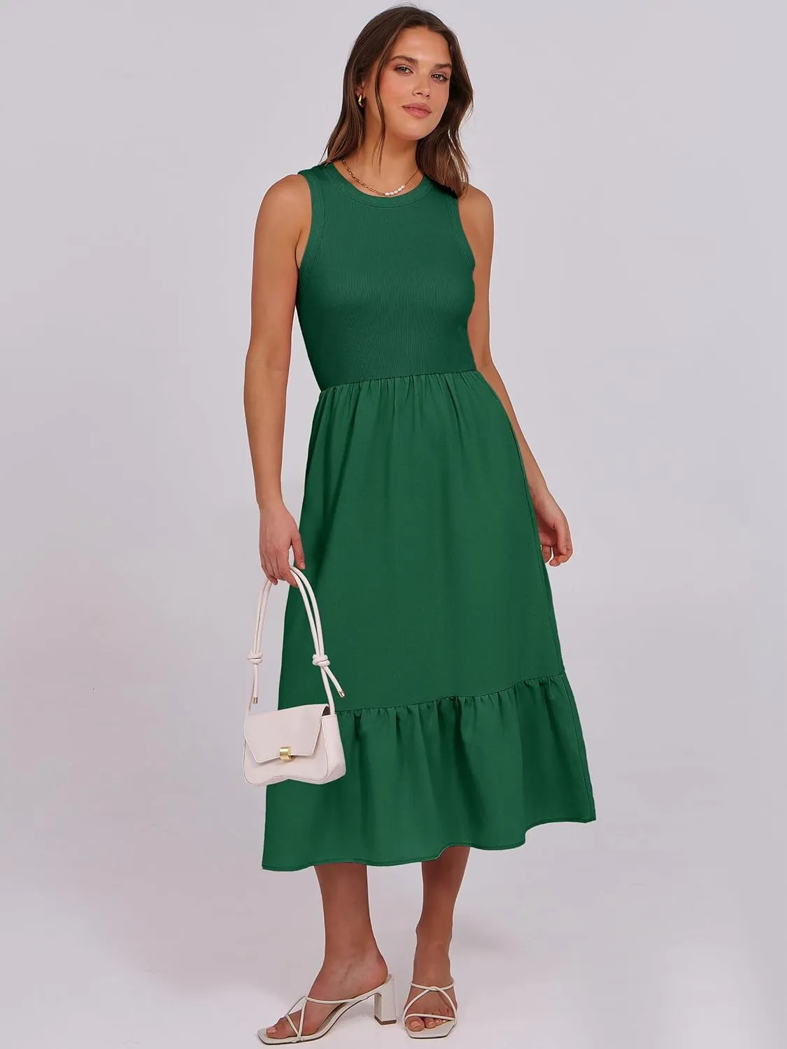 ANRABESS Women Midi Dresses 2025 Summer Casual Sleeveless Sundress High Neck Tank Top Racerback Flowy Beach Dress  Pockets